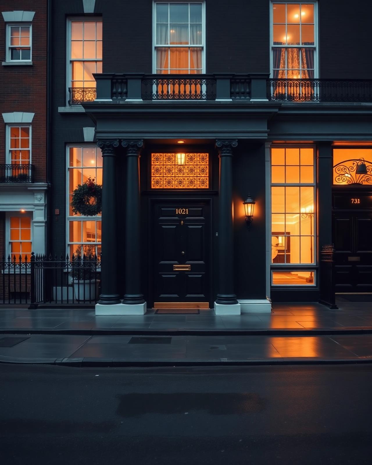 Elegant Mayfair townhouse facade at dusk